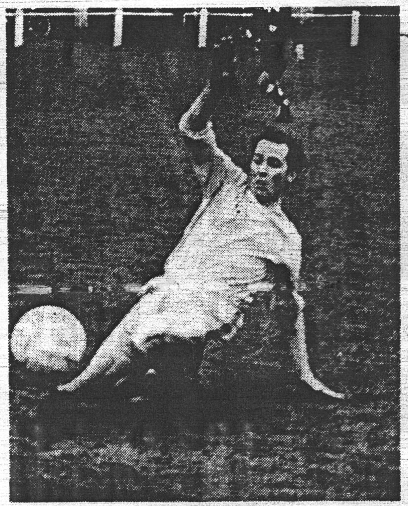 Stuart Rutherford slides in to catch the rebound and score the Squirrels’ only goal in the semi-final second leg, 14 April 1971