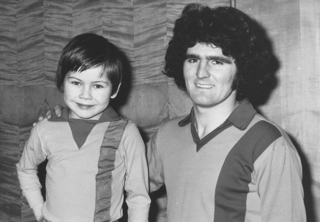 Mickey ‘the mighty’ Quinn and the mascot Merrick Cork, February 1977