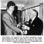 John Toshack is presented with the Formby Lawn Tennixs Club men's singles trophy, June 1972