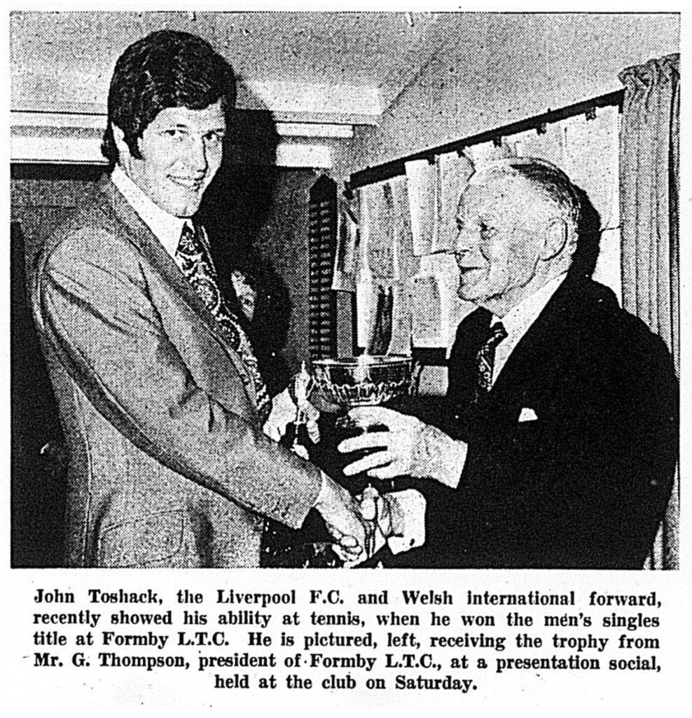 John Toshack is presented with the Formby Lawn Tennixs Club men's singles trophy, June 1972